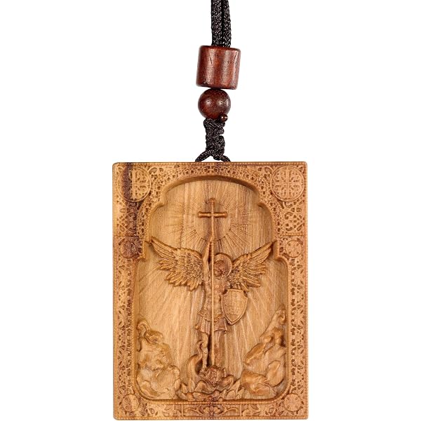 BGCarvedGrace Wooden Archangel St. Michael Necklace, Carved Olive